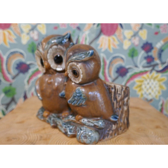 Vintage Napcoware Japan Pair of Pottery Owls Brown & Blue Planter C9238 - Picture 4 of 12